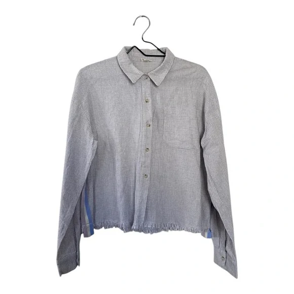 Hem & Thread Gray Button Up Shirt Frayed Hem Cropped Top Women’s Size Small - Picture 1 of 9